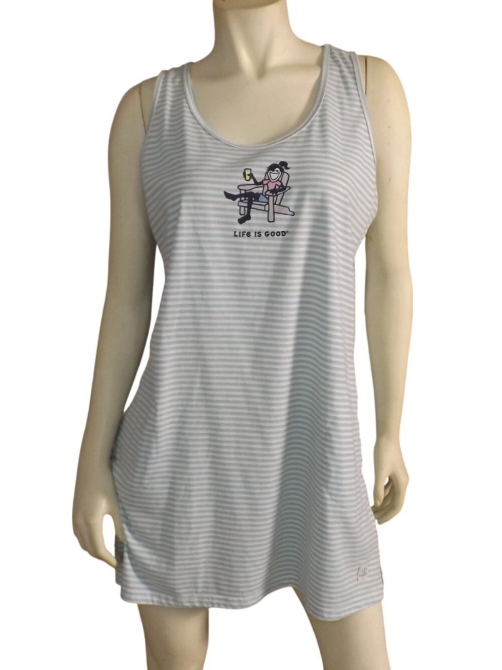 LIFE IS GOOD Nightgown, XL, Blue/White stripes, Lounging Print, Pockets, Tank